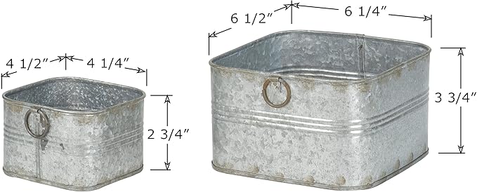 Red Co. 6.5" and 4.5" Square Tub Galvanized Metal Bucket Containers Set of 2, Rusted Gray