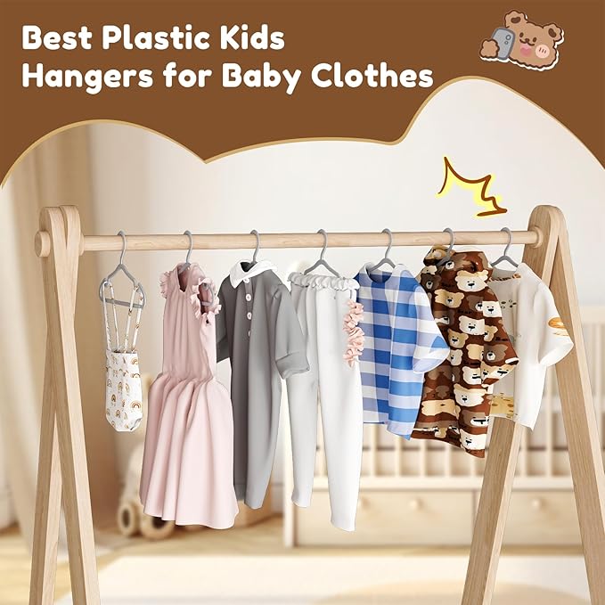 VILICK Plastic Kids Hangers - 100 Pack Non-Slip Baby Clothes Hangers for Closet, Toddler & Newborn Clothing Pants, Skirts, Coats (Grey)
