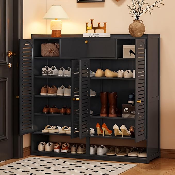 Shoe Storage Cabinet with Shutter Doors, 7 Tier Bamboo Shoe Cabinet Sneakers Shoe Rack Shelf for 36-40 Pairs, Shoe Organizer with Thickened Adjustable Shelves for Entryway, Hallway