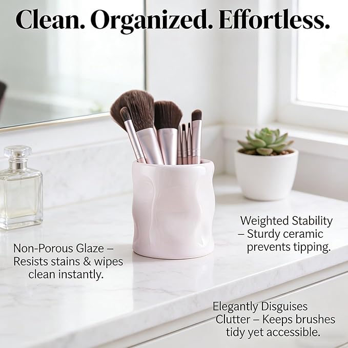 Premium Ceramic Makeup Brush Holder - Weighted & No-Tip Organizer with Easy-Clean Glaze, Vanity Storage for Brushes, Elegant Bathroom & Dresser Tabletop Decor An ideal gift for women (beige)