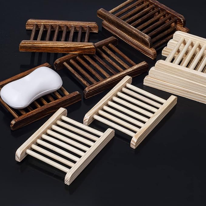 Ru S 10 Piece Home Bamboo Wood Soap Holder, Bathroom Wooden Soap Case, Hand Craft Bathtub Shower Dish Accessories (Charcoal and Wooden)
