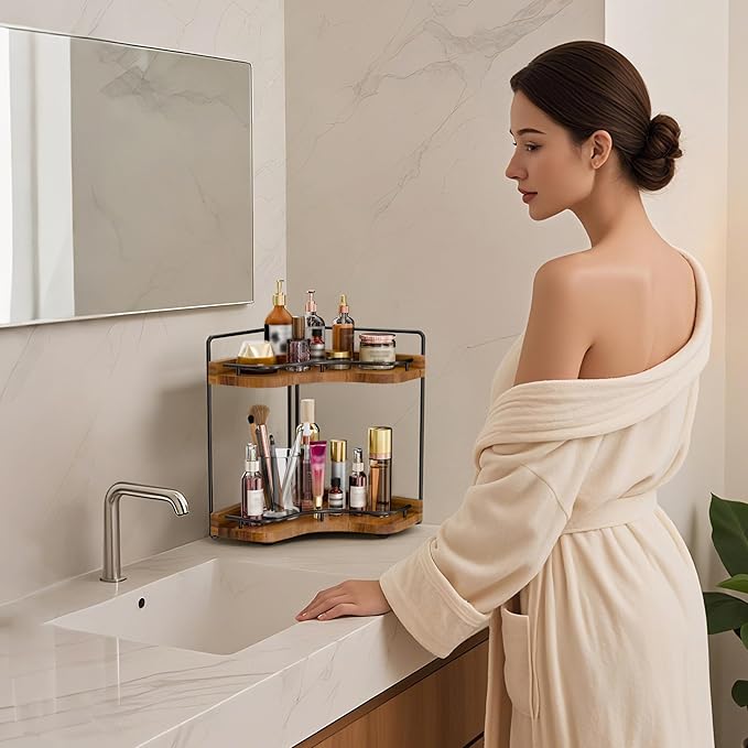 2-Tier Corner Bathroom Counter Organizer with Embedded Screw Holes, Secure & Stable Wood Vanity Shelf for Makeup and Skincare Essentials - Space Saving Bathroom Countertop Storage(Acacia wood-Brown)