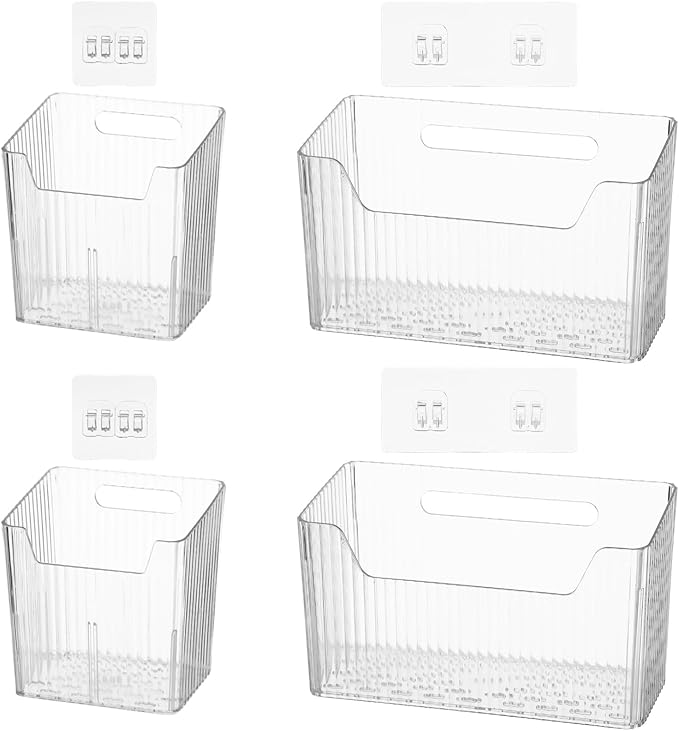 4 PCS Cabinet Door Organizer Bins, Clear Plastic Hanging Storage Baskets with Adhesive Hooks, Wall Mount Organizer for Bathroom, Fridge, Kitchen Pantry, Under Sink Drawer Organizer, Drain Holes