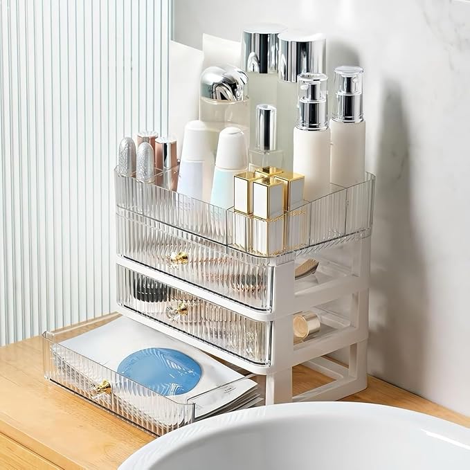 Clear Makeup Organizer with 3 Drawers, Bathroom Organizer and Storage, Ideal for Desk and Dresser Vanity Countertop, Great for Cosmetics, Skincare, Perfume,Toiletry