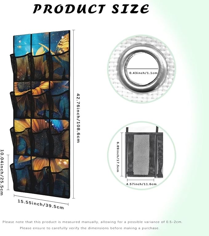 Butterfly Sunflower Over the Pantry Door Organizer - 12 Clear Pockets for Spices, Utensils, Snacks