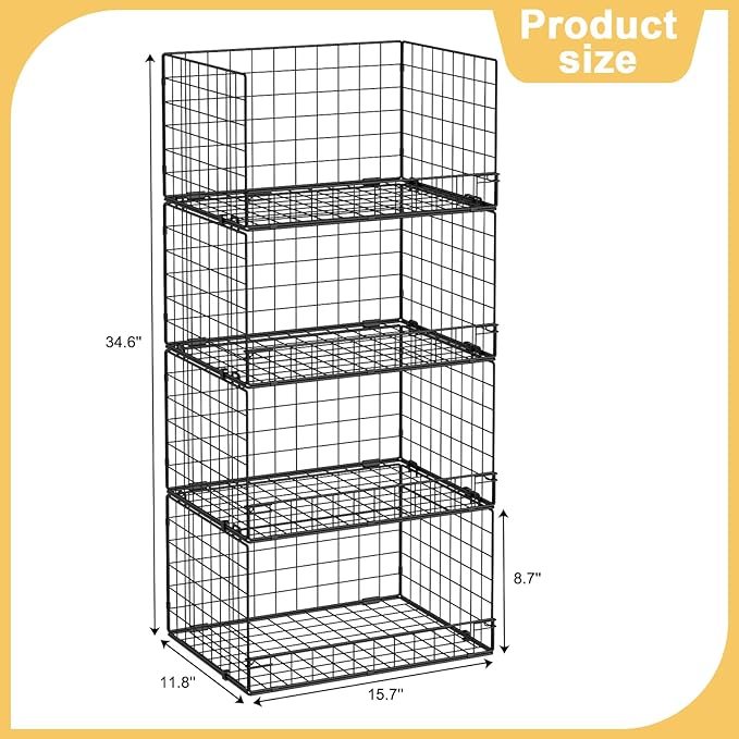 4 Pack Stackable Wire Baskets for Pantry Organizers and Storage, Large Pantry Basket for Snack Organizer, Foldable Fruit and Vegetable Storage Bin Store Can Onion Potato for Kitchen Cabinet/Countertop