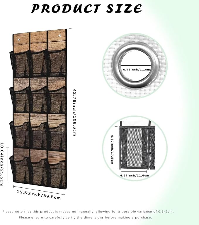 12 Pockets Door Hanger Organizer Woodgrain Over The Door Shoe Organizer Space Saving Multi-Funtion Storage Bag Mesh Fabric Wall Hanging Storage for Bathroom