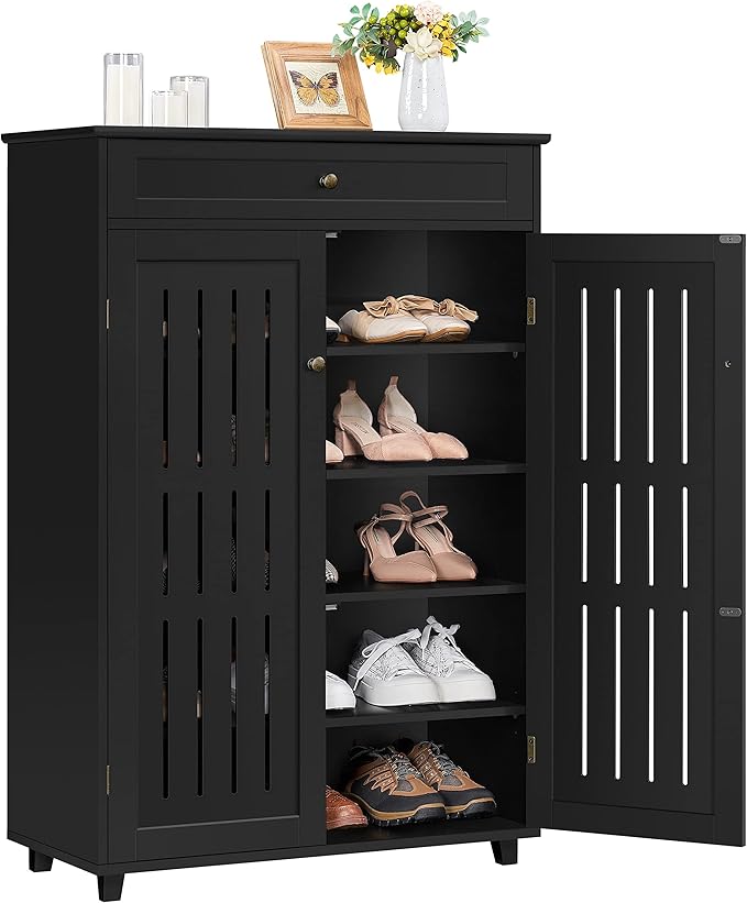 Topeakmart Shoe Rack Storage Cabinet Shelf 5 Tier Adjustable Shoes Organizer with Drawer Louvered Door for Entryway Hallway Furniture Living Room Black