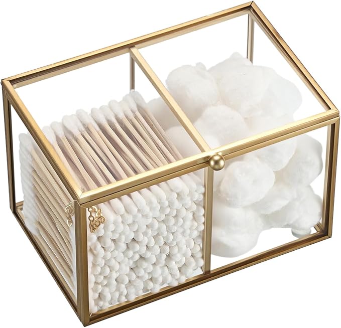 Hipiwe 2 Slots Glass Qtip Holder Gold Q-tip Storage Box with Lid Bathroom Accessories Container for Cotton Balls Cotton Swab Holder Rectangular Vanity Countertop Organizer