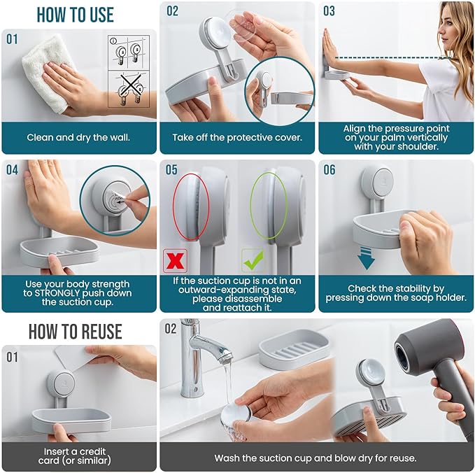 TAILI Soap Holder Soap Dish for Shower, Suction Cup Soap Holder for Shower Wall, Bathroom Accessories, Removable Strong Hold Soap Saver, Drill Free, Grey