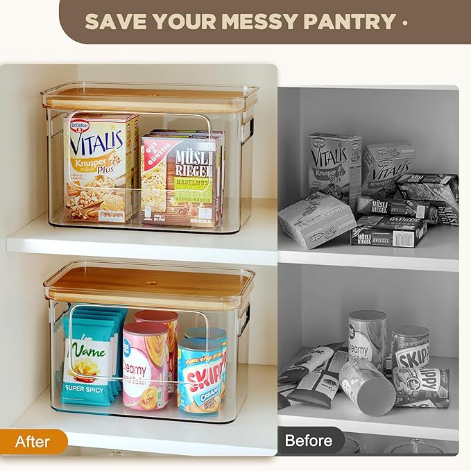 Hudgan Pantry Organizers and Storage with Straight Side, 2 Set Stackable Bin with Open Front for Onion,Potato,Garlic,Fruit, Clear Storage Bin with Bamboo Lid for Kitchen Cabinet, Countertop, Bathroom
