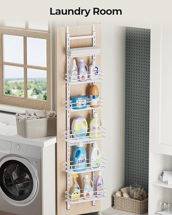 Adjustable 6-Tier Over the Door Pantry Organizer, Spice Rack, Narrow Hanging Shelf for Kitchen Storage and Organization (White)