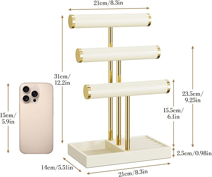 bussdis 3 Tier Bracelet Holder Display - Beige Leather Bracelet Holder, Detachable T Bar Jewelry Holder Organizer for Bracelet, Necklace, Earrings, Rings, Watches, Bangle