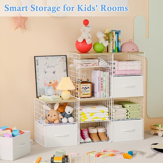 2 Pack Stackable Storage Drawers, Closet Organizers and Storage Shelves with Wooden Top & Adjustable Dividers, White Fabric Closet Drawer Organizer, Modular Storage Bins for Bedroom Wardrobe Apartment
