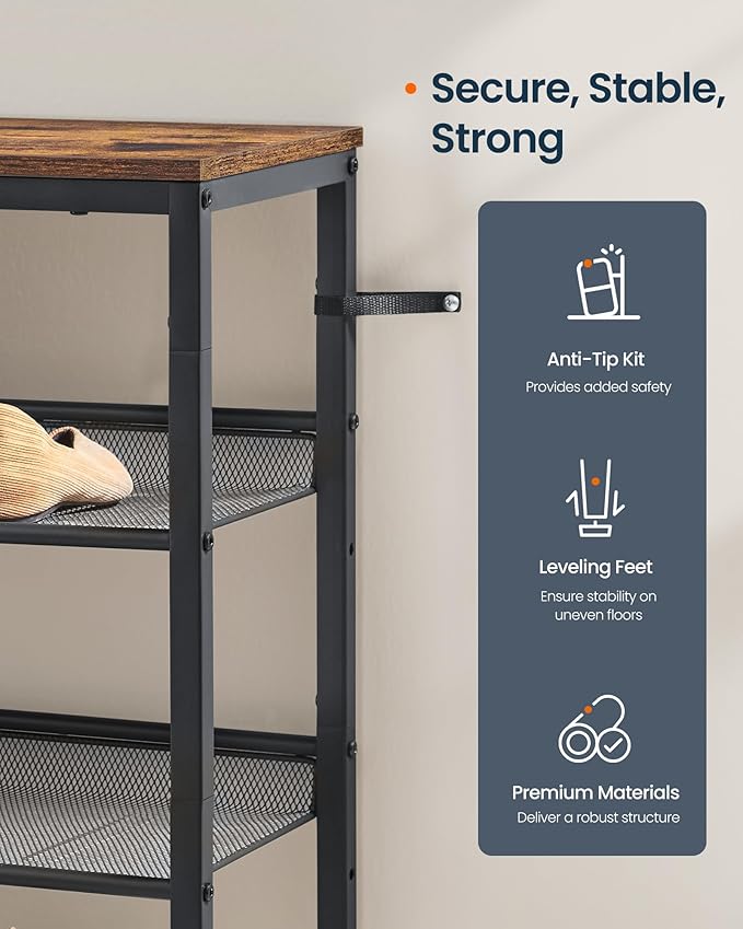 SONGMICS HOME 6 Tier Shoe Storage Organizer, Freestanding Shoe Rack, Dense Mesh, for Living Room, Bedroom, Entryway, Rustic Brown and Black