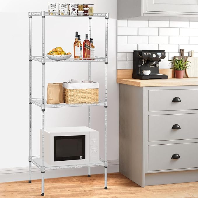4-Tier Shelving Unit 44" H x 18L x 12D Storage Shelves with Wire Shelf Liners Adjustable Small Closet Shelves Metal Shelf Rack for Storage Kitchen Pantry Laundry, 600Lb Capacity, Chrome