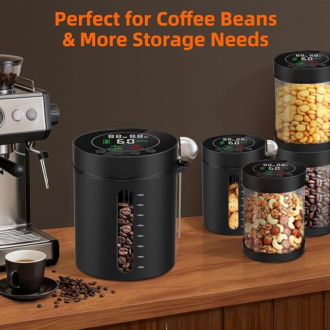 Automatic Vacuum Coffee Canister, 1.3L Coffee Container with Smart Pressure Sensor,LED Display,Window,Scoop Rechargeable Airtight Electric Coffee Bean Storage for Home Kitchen Ground Food Tea Storage