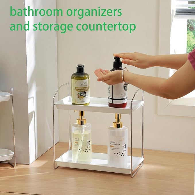 2 Tier Bathroom Organizer Countertop,Vanity Organizer,Tool-Less Installation Vanity Shelf Small Plastics Countertop Makeup Tray Skincare Perfume Organizers