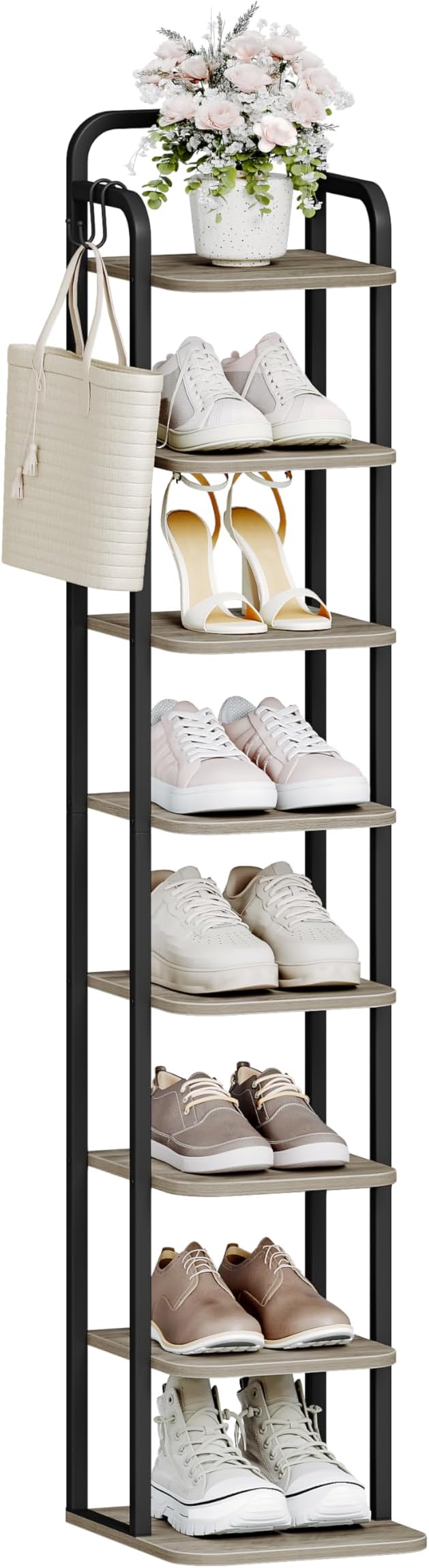 Hzuaneri 8 Tiers Vertical Shoe Rack, Narrow Shoe Tower, Tall Shoes Shelf with 2 Hooks, Adjustable Shelves, Corner Shoes Shelves for Small Spaces, Entryway, Living Room, Greige SR04305B