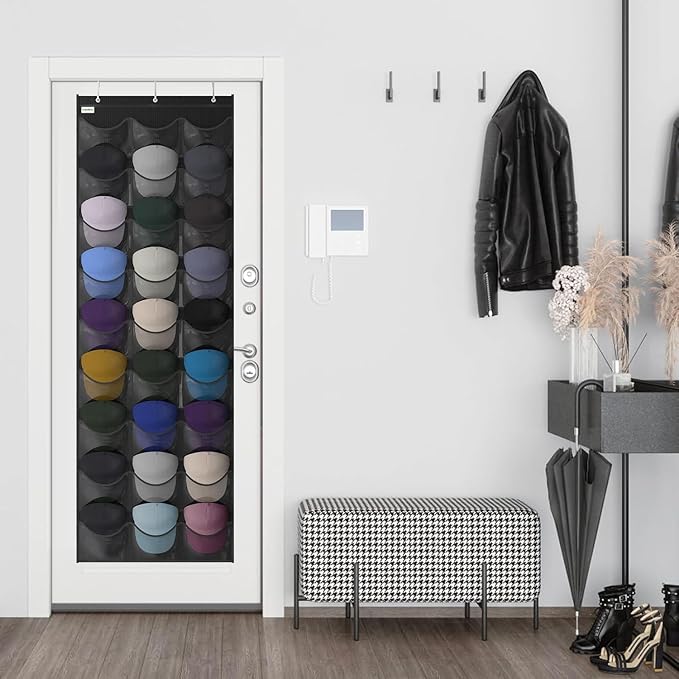 Baseball Hat Rack, 27 Pocket Over-The-Door Hat Organizer with Clear Deep Pockets to Display Baseball Caps Collection, Complete with 3 Over Door Hooks (Black, 27 Pockets)