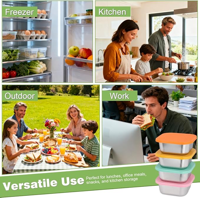 4 Pack Sandwich Containers: 30oz Stainless Steel Lunch Box with Silicone Lids, Meal Prep Container Reusable Metal Sandwiches Food Storage for Kitchen & Office Salad Snacks Fruits