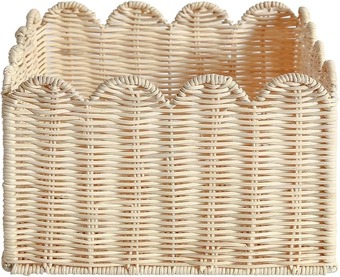 Scalloped Basket, Wicker Storage Baskets, Hand Woven Baskets for Shelves,Natural Baskets for Organizing (Rattan&S-9.5" L x 9.5" W x 5.6" H)