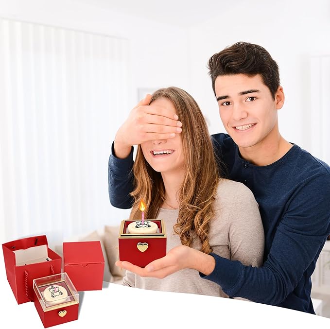 Rotating jewelry box, pop-up surprise gift box, romantic birthday surprise rotating necklace and ring box, Valentine's Day, birthday, anniversary, wedding gift (Red)