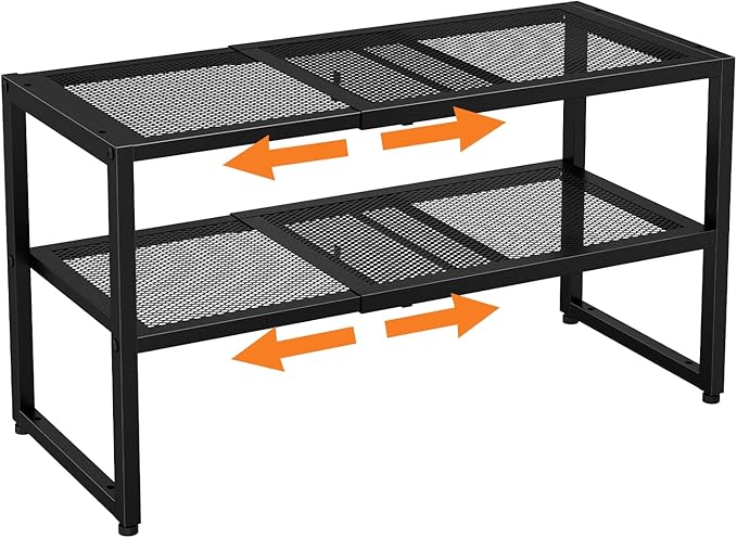 2 Tier Shoe Rack Organizer for Closet and Entryway, Expandable & Stackable Metal Shoe Storage Shelf, Adjustable Small Shoe Rack (17.52-28.74 in), Black