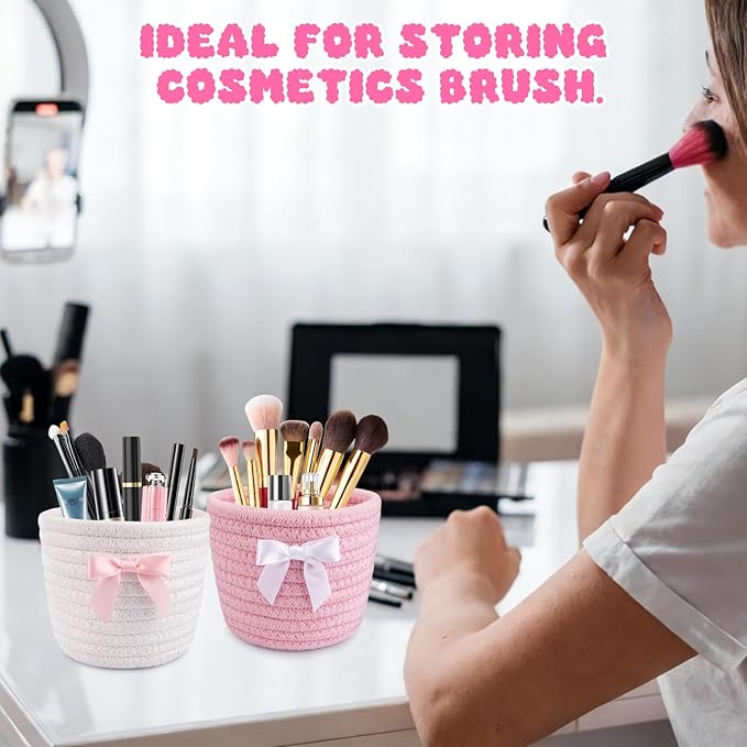 2 Pack Bow Makeup Brush Holder- Mini Woven Cotton Rope Small Oval Basket with Bow Decor, Comb Brushes Storage Decorative Basket for Pencil Cosmetics Organizer Gift for Women,4 x 4 IN
