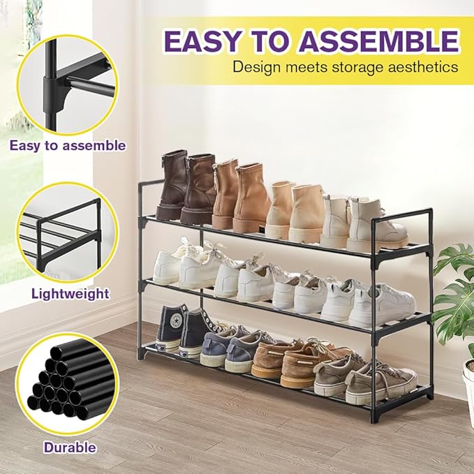 Shoe Rack - Metal Shoe Rack Organizer - Stackable Shoe Storage Shelf for Entryway, Closet, Bathroom 30cm(D) x 92cm(W) x 55cm(H) -Black (3-Tier)