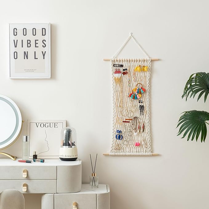 Pretty Jolly Hanging Jewelry Mesh Organizer Macrame Wall Mounted Necklaces Storage Earring Display Rack Girls Hair Clips Hanger with 20 Pieces S Shape Hooks for Bracelets,Necklace and Rings(Beige)