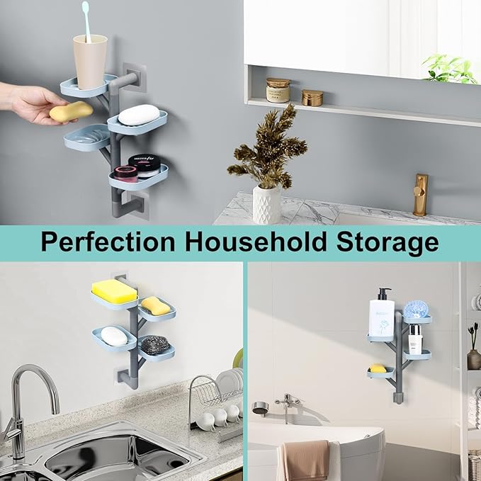 Soap Holder Four Layer Wall Mounted NO-Drilling Rotatable Self-draining Removable Soap Dish for Shower Bathroom Tray,Self Draining Sponge Holder,Razor Holder (Blue/Gray)