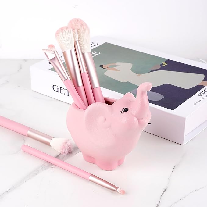 Pink Ceramic Elephant Makeup Brush Holder, Cute Makeup Brush Organizer, Decorative Cosmetic Storage Container for Desk, Vanity & Bathroom