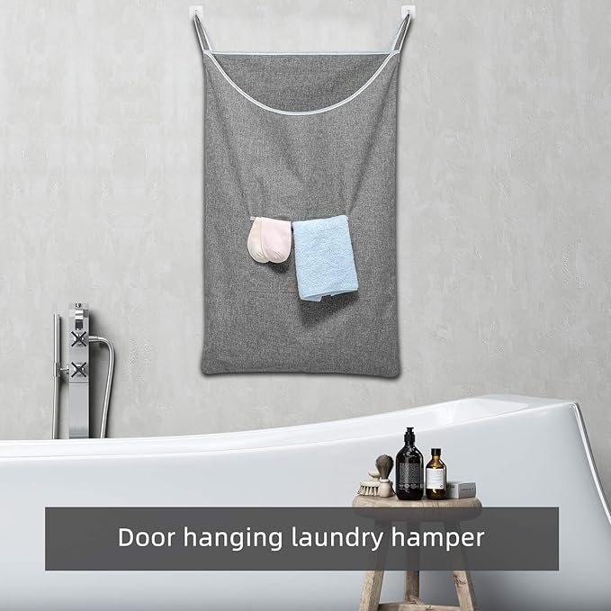 SAVERHO X-Large Hanging Laundry Hamper Bag, Door Hanging Hamper with Front Pocket Dirty Clothes Hanging Laundry Bag Large Size 35X22 inch Door Laundry Basket (Grey)