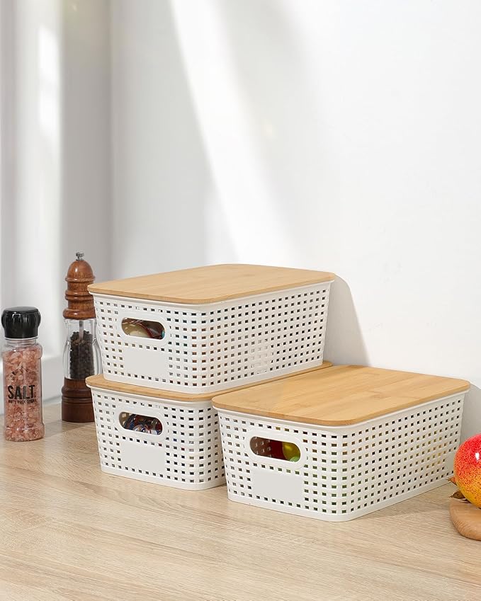 EOENVIVS Storage Bins with Bamboo Lids, 6 Pack Plastic Storage Baskets and Storage Containers, Storage Baskets for Organizing Shelves Drawers Desktop Closet Playroom Classroom Office Home, Black