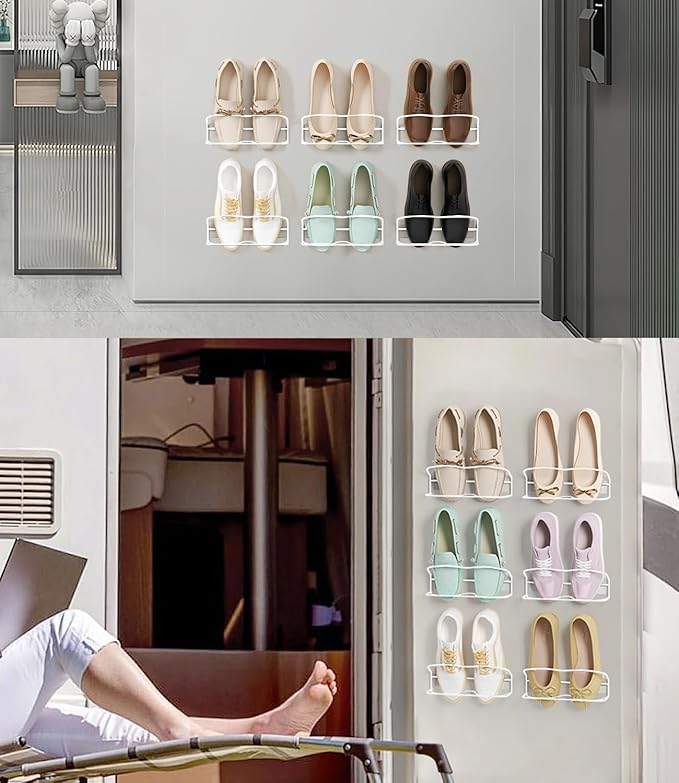 Wall Mounted Shoe Rack 6 Pack, with Sticky Hanging Strips, Metal Wall Shoe Storage, Hanging Shoe Organizer for Door/RV/Wall