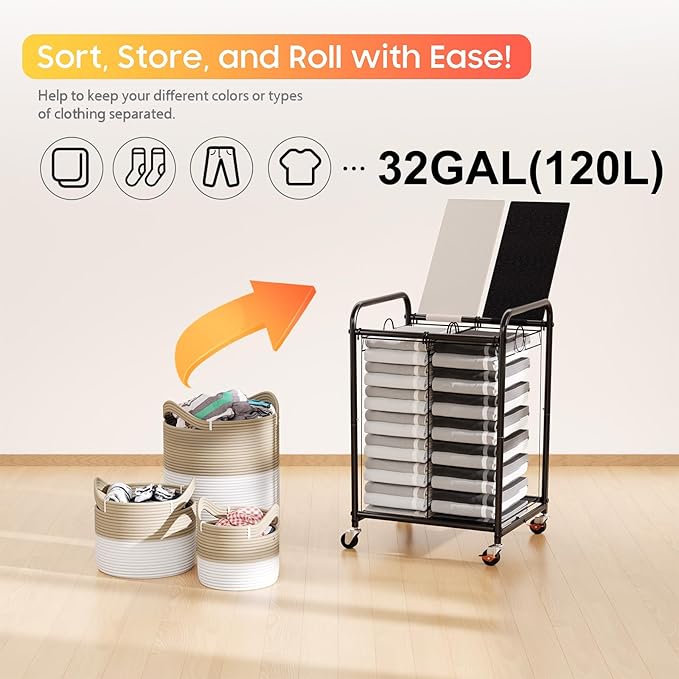 120L (31.7 Gal) Laundry Sorter 2 Section, Rolling Laundry Basket with Lockable Wheels and Lid, Laundry Hamper with 2 Separated Removable Bags Dirty Clothes Hamper for Laundry Room, Multicolored