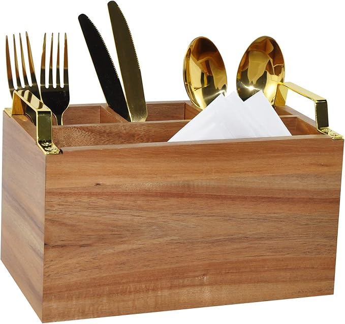 Acacia Wood Flatware Caddy - 4 Compartment Silverware Utensil Holder with Golden Metal Handles - 10" W x 6" D x 6.5" H, 2 lbs