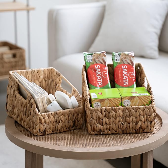 FairyHaus Wicker Baskets 2 Pack, Natural Large Wicker Baskets for Storage, Nesting Hand-woven Water Hyacinth Wicker Baskets for Organizing with Built-in Handles, 9"L x 11"W x 7"H