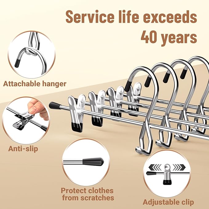 Pants Hangers Space Saving,Stackable Skirt Hangers with Clips, Hanging Closet Organizer and Storage,Clothes Hangers, College Dorm Essentials Apartment Essentials- 8 Pack