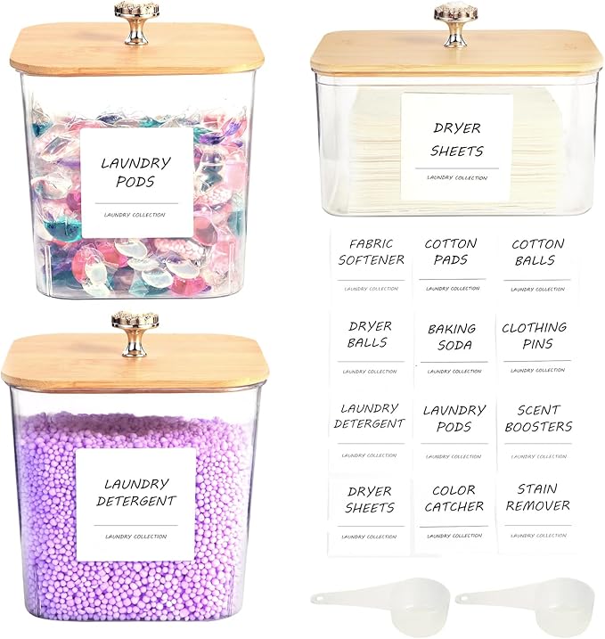 3 Pack Laundry Room Organization Storage Containers, Plastic Clear Laundry Pods Container & Dryer Sheet Holder Jars with Lids, Scoops & Labels for Detergent, Powder, Dryer Balls, Beads