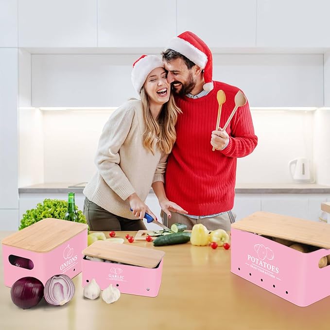 Kitchen Vegetable Storage Set of 3, Metal Onion Garlic Potato Storage Set, Kitchen Canisters Vegetable Keeper Containers with Aerating Holes and Wooden Lid (Pink)