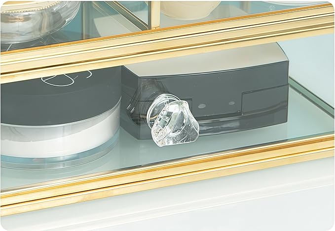 JIARI Glass Makeup Organizer with Drawer, Gold Frame Jewelry Display Box, Nordic Style Cosmetic Storage for Vanity Bathroom Bedroom Office, 9.44x5.43x4.92 Inches (Storage Box-2 Tier)
