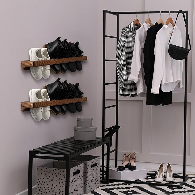 Wenqik 2 Pcs Wall Mounted Wooden Shoe Rack 30 Inch Rustic Wood Wall Hanging Shoe Rack Space Saving Footwear Holder Shoes Storage Organizer for Mudroom, Entryway, Closet (Burnt Wood)