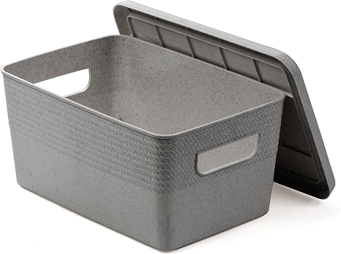 BINO | Plastic Storage Bins with Lids, 5 Liter - 3 Pack, Natural Grey | THE BRAIDED COLLECTION | Plastic Bins for Organization Woven Storage Baskets for Organizing Pantry Shelf Organizer Basket Bin
