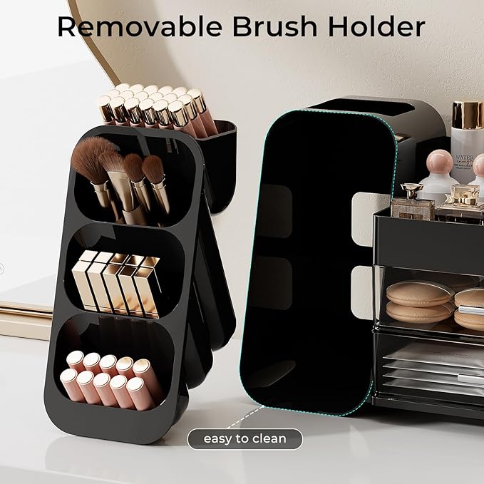 Makeup Organizer for Vanity with Brush Holder, Large Capacity Bathroom Countertop Skincare Organizer with 2 Drawers, Cosmetic Display Case for Perfumes, Eyeshadow Palettes, Nail Polishes
