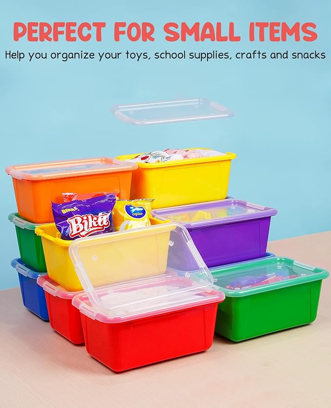 GAMENOTE 6 Quart Storage Bins with Lids, Plastic Latching Box for Classroom & Kids Toy Storage,Stackable Shoe Box Size Containers for STEM Morning Tubs, Crafts & Building Blocks (12, Colorful)