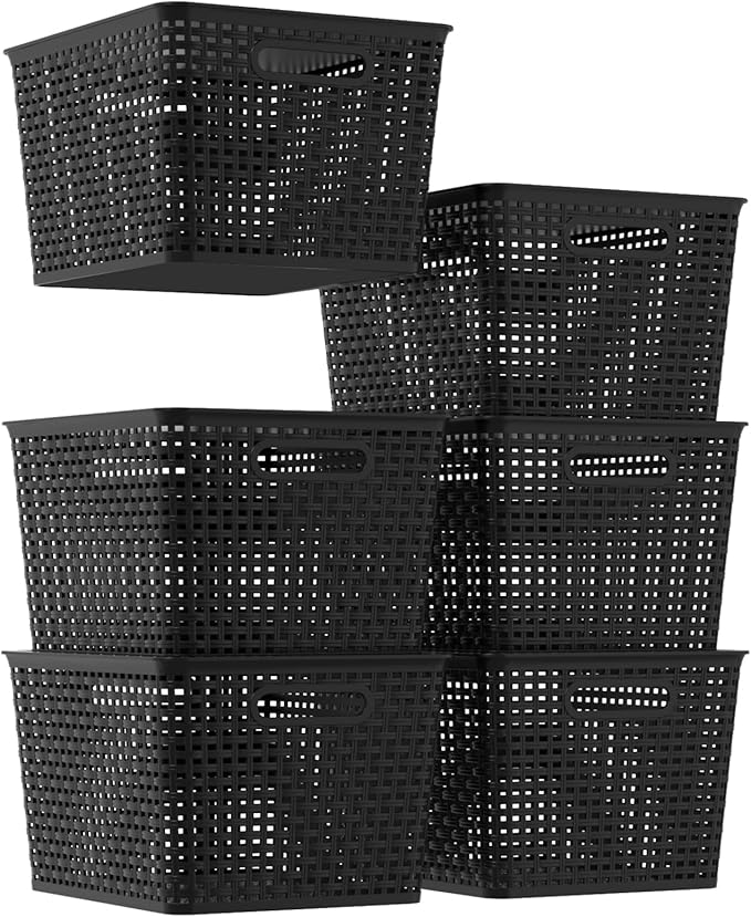 6-Pack Plastic Storage Baskets with Lid, Lidded Storage Organizer Bin, Black