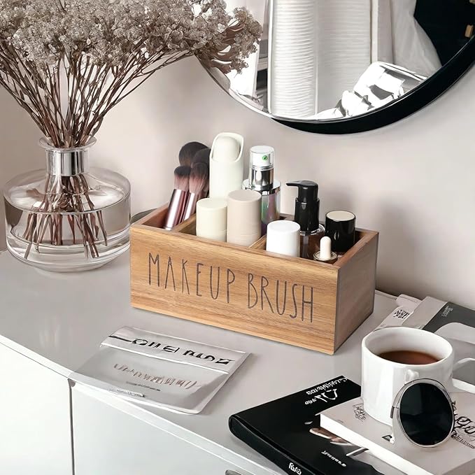 LBEMEY Acacia Wood Makeup Brush Organizer for Vanity,Cosmetic Skincare Organizers, Makeup Organizer with 3 Slots,Organizer Countertop for Cosmetics,Skincare, Brushes, Mascara,Lipstick,Pencils, Brown