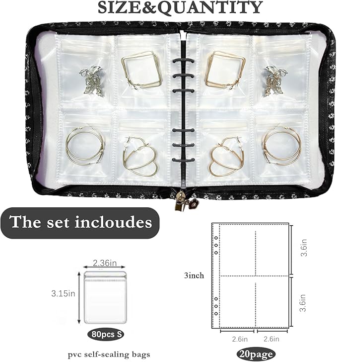 Jewelry Organizer Travel,Jewelry Storage Book with 80 Small PVC pouches,Portable Jewelry Organizer Zipper Bags for Necklaces Bracelet Rings and Earrings (front cover removable),Black